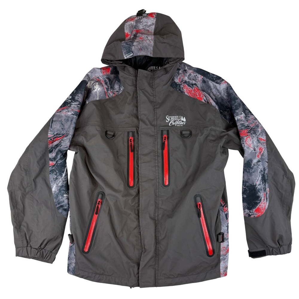 Scheels Outfitters Fishing Jacket Mens Large Grey Red Mossy Oak Elements Hooded